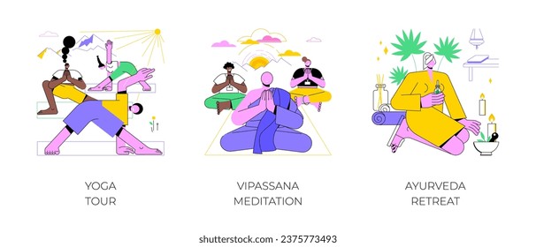 Recorrido de bienestar aislado ilustraciones vectoriales de dibujos animados conjunto. Diversas personas practican yoga al aire libre en la naturaleza, meditación vipassana, atención, retiro ayurveda, caricatura vectorial de hotel wellness.