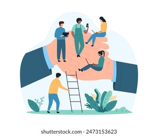 Wellbeing working support by employer and insurance protection of employees at workplace. Big hands of corporate company leader hold group of tiny people with comfort cartoon vector illustration