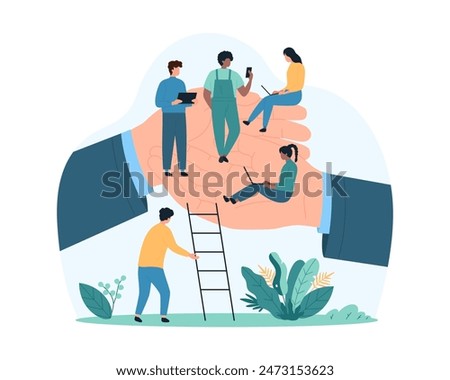 Wellbeing working support by employer and insurance protection of employees at workplace. Big hands of corporate company leader hold group of tiny people with comfort cartoon vector illustration
