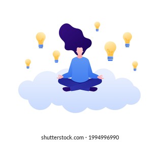 Wellbeing and yoga at work concept. Vector flat business illustration. Woman employee sitting on cloud in meditation relax pose. Lightbulb idea and productivity symbol.