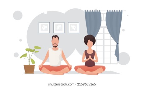 A well-built guy and a young girl are meditating in a room. Yoga. Cartoon style. Vector illustration