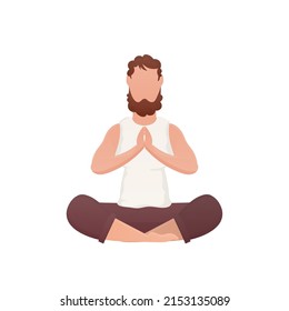 A well-built man sits and meditates in the lotus position. Isolated. Cartoon style. Vector illustration