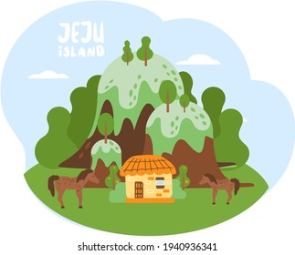 Wellcom to Jeju island in South Korea, traditional elements. Attraction landmarks of Jeju