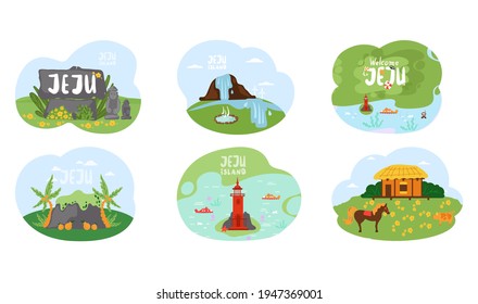 Wellcom to Jeju island in South Korea, traditional elements. Attraction landmarks of Jeju