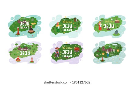 Wellcom to Jeju island in South Korea, traditional elements. Attraction landmarks of Jeju