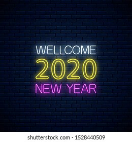 Wellcome 2020 new year glowing neon text. 2020 new year seasonal greeting cards or invitation design, banner in neon style. Vector illustration. Decoration element for design