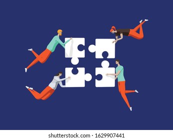 Well-coordinated Teamwork Concept. Characters Connecting Puzzle Pieces. Vector illustration. Business, Creative Solutions, Collaboration and Partnership with People Working Together. 
