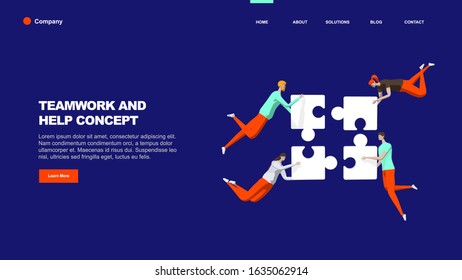 Well-coordinated Teamwork Concept. Characters Connecting Puzzle Pieces. Vector illustration. Business, Creative Solutions, Collaboration and Partnership with People Working Together. 