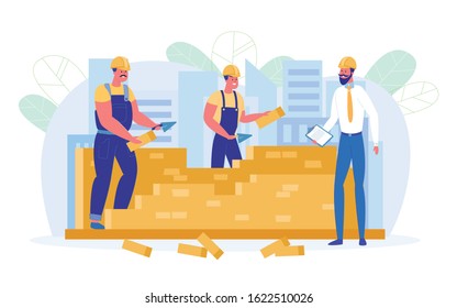 Well-coordinated Work on Building Construction. Superintendent Observes Work Subordinates and Conducts Friendly Conversation with them. Workers are Wearing Helmets and Holding Tools for Construction.