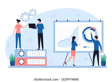 Well-coordinated Work In A Team Of Analysts. Men And Women Study Data On Graphs, Search For Solutions, Creative Collaboration. Flat Vector Illustration Isolated On White Background.