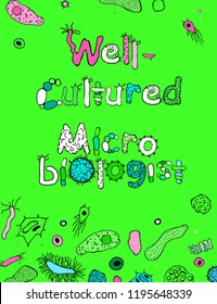 Well-cultured microbiologist. Creative poster in luminescent colors. Microbiological hand drawn lettering. Editable vector illustration on bright green background. Scientific, biological design.