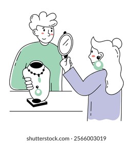 Well-designed doodle mini illustration of buying jewellery 