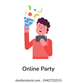 Ein gut gestaltetes flaches Symbol, das Online-Party darstellt 