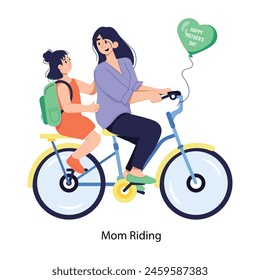 Well-designed flat illustration of mom riding cycle with daughter 