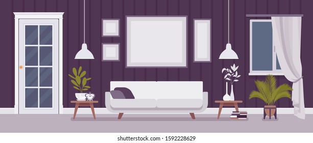 Well-designed living room, inspiring interior for home, office. Inviting comfort, scandinavian elegance, furniture kit for enjoying family time, entertaining. Vector flat style cartoon illustration