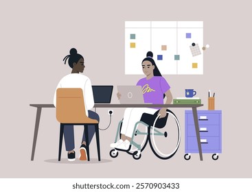 In a well-designed workspace, coworkers assist one another, with one user in a wheelchair using a laptop, highlighting teamwork and adaptability in a professional setting