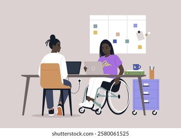 In a well-designed workspace, coworkers assist one another, with one user in a wheelchair using a laptop, highlighting teamwork and adaptability in a professional setting