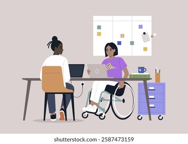 In a well-designed workspace, coworkers assist one another, with one user in a wheelchair using a laptop, highlighting teamwork and adaptability in a professional setting