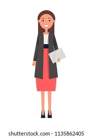 Well-dressed brunette woman in red skirt on high heels, with envelope in hands vector of elegant female cartoon character in flat style isolated