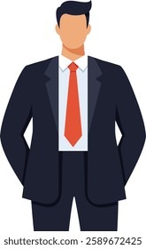 A well-dressed businessman stands confidently with arms crossed, exuding professionalism and determination in a minimalistic vector art style.