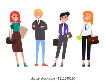 Well-dressed employers in expensive suits, business women and man with digital tablets isolated set, people on business meeting vector successful team