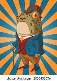 A well-dressed frog gentleman, in a beautiful jacket, hat and walking stick, went for a walk in the park