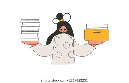 A well-dressed girl holds stacks of documents in her hands.