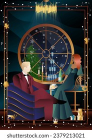 Well-dressed human during a festive dinner with friends on New Year s Eve at the luxury restaurant or home. Concept for holiday, winter holidays, New Year, Christmas