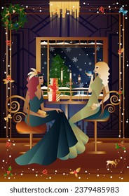 Well-dressed human during a festive dinner with friends on New Year s Eve at the luxury restaurant or home. Concept for holiday, winter holidays, New Year, Christmas