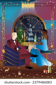 Well-dressed human during a festive dinner with friends on New Year s Eve at the luxury restaurant or home. Concept for holiday, winter holidays, New Year, Christmas