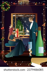 Humano bien vestido durante una cena festiva con amigos en Nochevieja en el restaurante de lujo o en casa. Concepto de vacaciones, vacaciones de invierno, Año Nuevo, Navidad