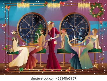 Well-dressed human during a festive dinner with friends on New Year s Eve at the luxury restaurant or home. Concept for holiday, winter holidays, New Year, Christmas