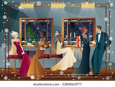 Well-dressed human during a festive dinner with friends on New Year s Eve at the luxury restaurant or home. Concept for holiday, winter holidays, New Year, Christmas