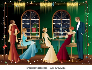 Well-dressed human during a festive dinner with friends on New Year s Eve at the luxury restaurant or home. Concept for holiday, winter holidays, New Year, Christmas