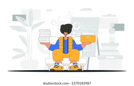 A well-dressed man holds stacks of documents in his hands. Graphic illustration on the theme of tax payments.