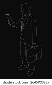A well-dressed man in a suit and jacket holds a briefcase while reading a book, standing against a dark background. The black and white photo conveys professionalism and focus.