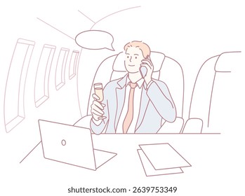 A welldressed professional in a stylish suit makes an important business call while sipping a drink on a private jet