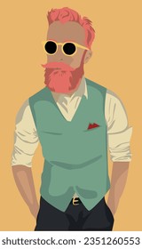 A well-dressed red-haired gentleman in a shirt and vest. Sports man with red beard in pop art style. Concept for a bar and men's barbershops.
