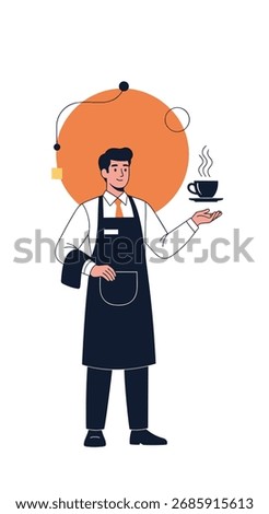 A well-dressed waiter holding a steaming cup of coffee.