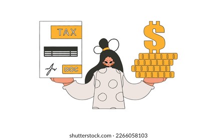 A well-dressed woman holds a tax form and coins in her hands. The topic of paying taxes.