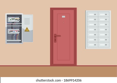 Well-equipped Residential building bright corridor semi flat vector illustration. Mailboxes, uncovered power-supply panel. Ordinary apartment door with number plate cartoon scene for commercial use
