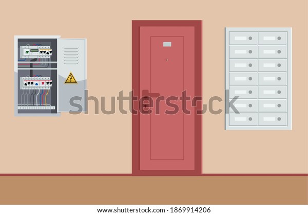 Well-equipped Residential building bright corridor\
semi flat vector illustration. Mailboxes, uncovered power-supply\
panel. Ordinary apartment door with number plate cartoon scene for\
commercial use\
