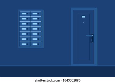 Well-equipped residential building dark corridor semi flat vector illustration. Night time. Empty mailboxes. Ordinary apartment door with number plate 2D cartoon scene for commercial use