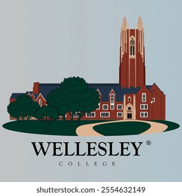 Wellesley college main tower with american architectural building illustration art. academic campus college. historical landmark institute. Welleslley college with lawn in front and trees.