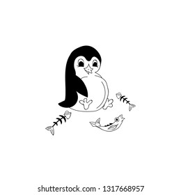 A well-fed penguin sits and looks at the fish, the bones of eaten fish lie nearby. Animal drawn in cartoon style. Vector illustration made in the style freehand drawing. Black and white animal picture