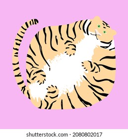 A well-fed round cute tiger is a symbol of the new year 2022. Vector illustration for creating a greeting card, for printing on fabric. The concept of a happy new year.