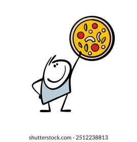 Well-fed stickman has raised his hand and is holding a huge pizza with tomatoes, cheese and pepperoni. Vector illustration of a child showing food. An advertising campaign in a cafe or restaurant. 