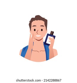 Well-groomed man with bottle of lotion or aftershave cream in hands, cartoon flat vector illustration isolated on white background. Men skincare and cosmetics.