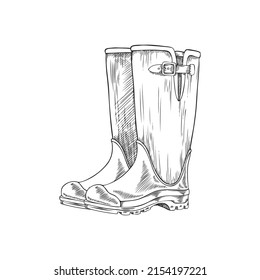 Wellies boots pair in hand drawn sketch style vector illustration isolated on white background. Rubber high boots for gardening and seasonal footwear.