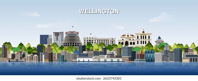 Wellington city skyline on gradient beautiful day sky background. Vector illustration
